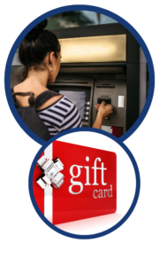 Adult woman wearing striped shirt and backpack inserting card into ATM machine. Image below is of red and white-colored gift card.
