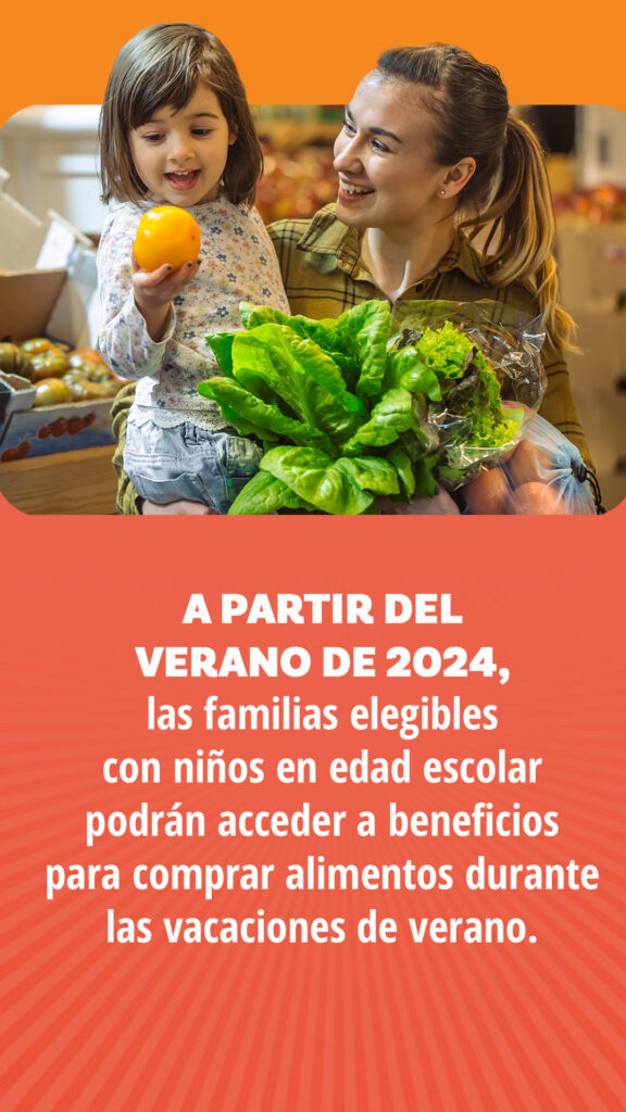 A Partir del Verano de 2024, las familias elegibles con ninos ed edad escolar prodran acceder a beneficios para comprar alimentos durante las vacaciones de verano.