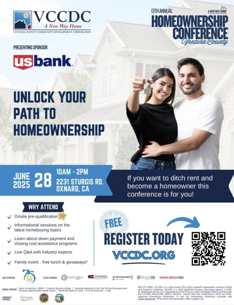 Image of flyer with conference detail and QR code includes portrait of happy couple holding keys in front of a home