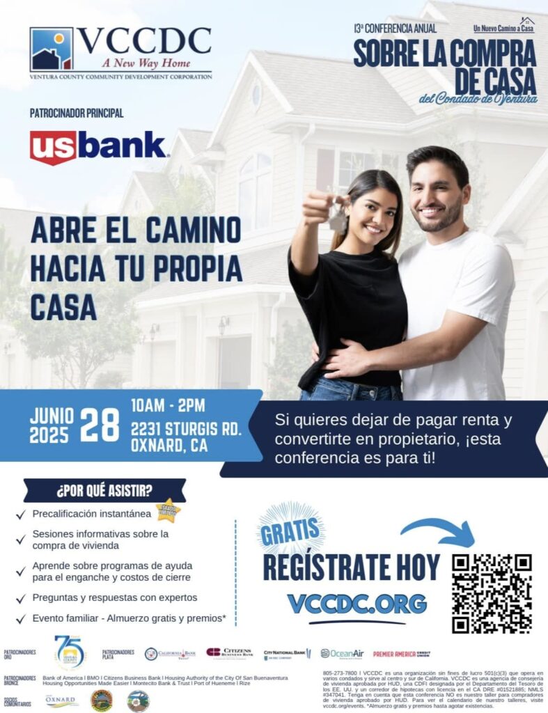 Image of flyer with conference detail and QR code includes portrait of happy couple holding keys in front of a home