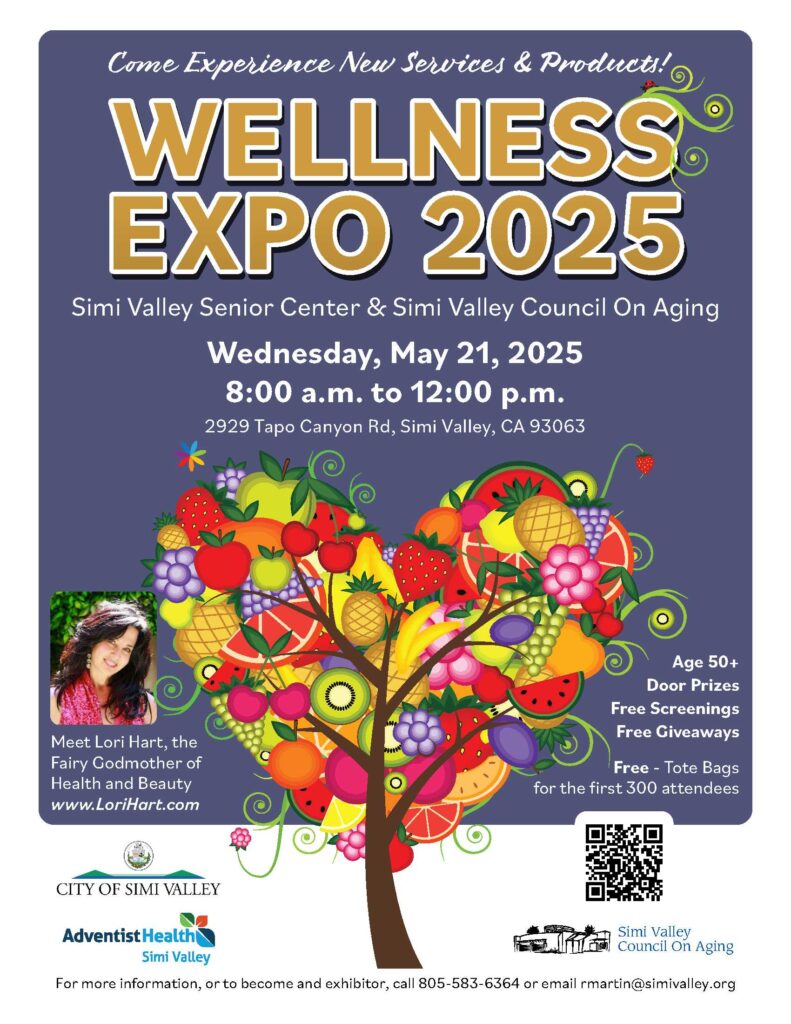 Event flyer detailing event information with artwork of a colorful heart tree of fruits and veggies.
