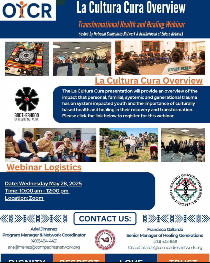 Image of flyer with event details, group of youth with elders in an classroom, outdoors, and conference style settings